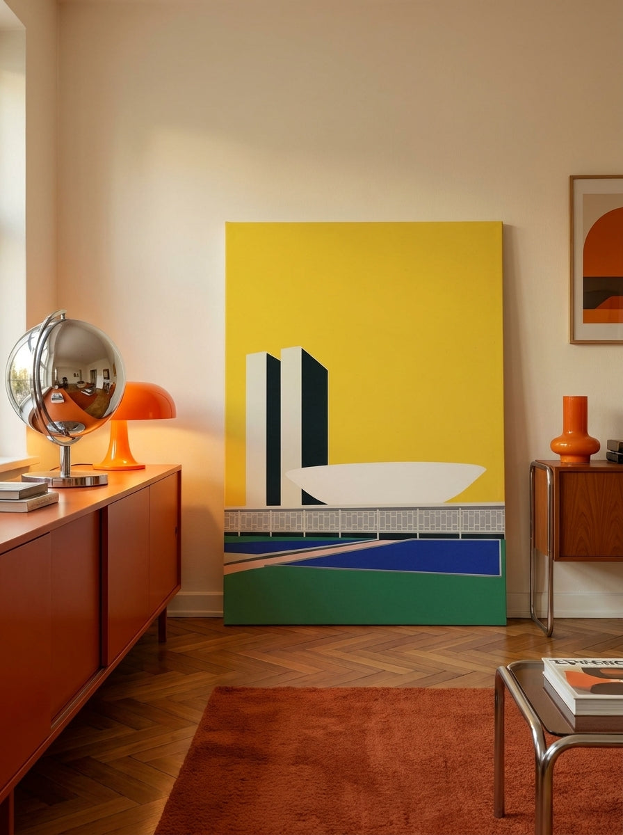 Stretched canvas wall art standing on a sideboard in a retro 70s living room