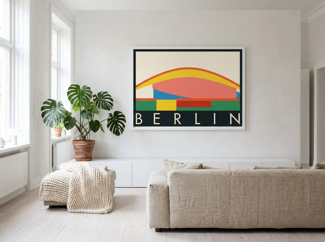 Oversized statement modern wall art print styled on the wall in a bright Scandinavian living room
