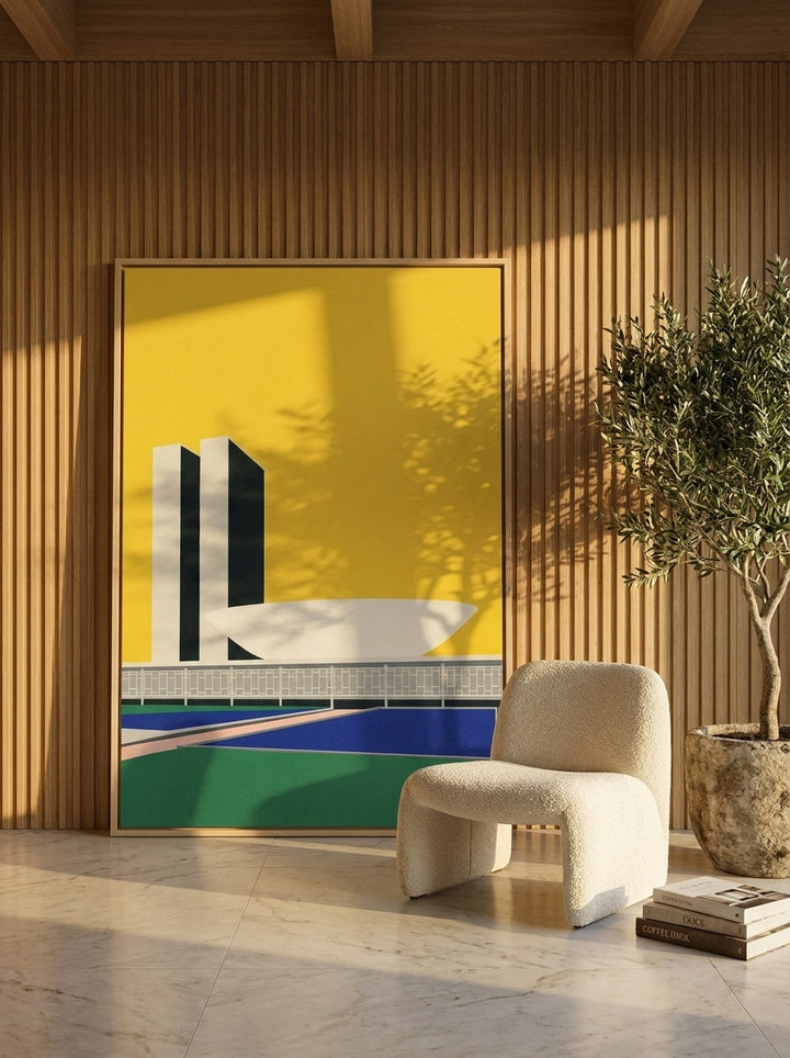 Oversized statement canvas wall art with a natural timber surround leaning against the wall in a luxe living room