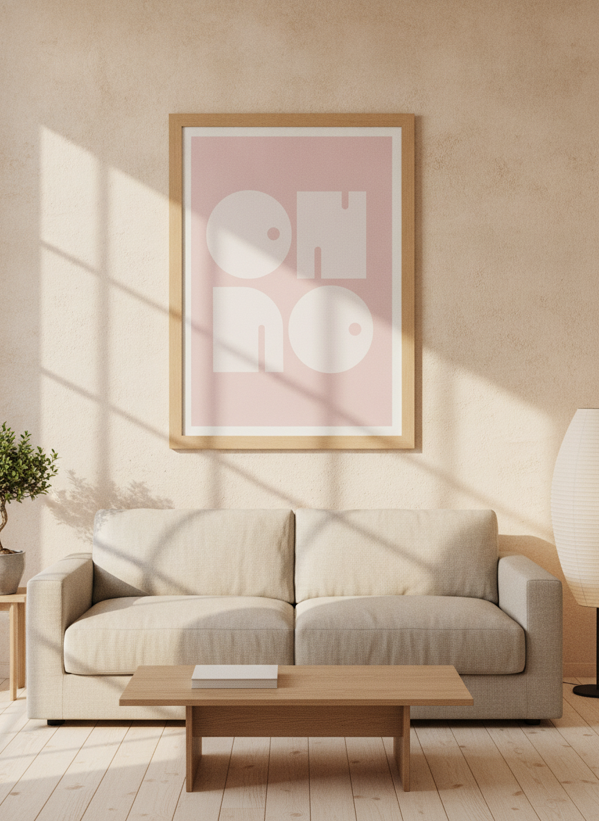 Modern wall art print styled on the wall in a warm Japandi living room