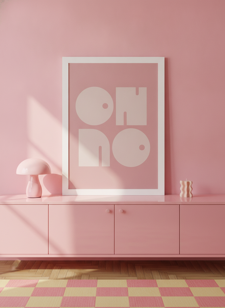 Modern wall art print standing on a sideboard in a colourful eclectic bedroom
