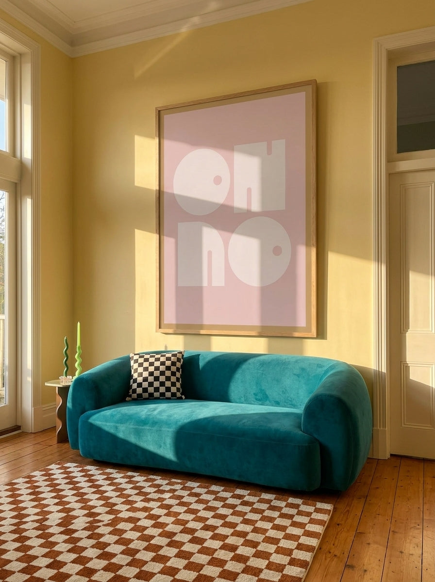Oversized statement modern wall art print styled on the wall in a colourful eclectic living room