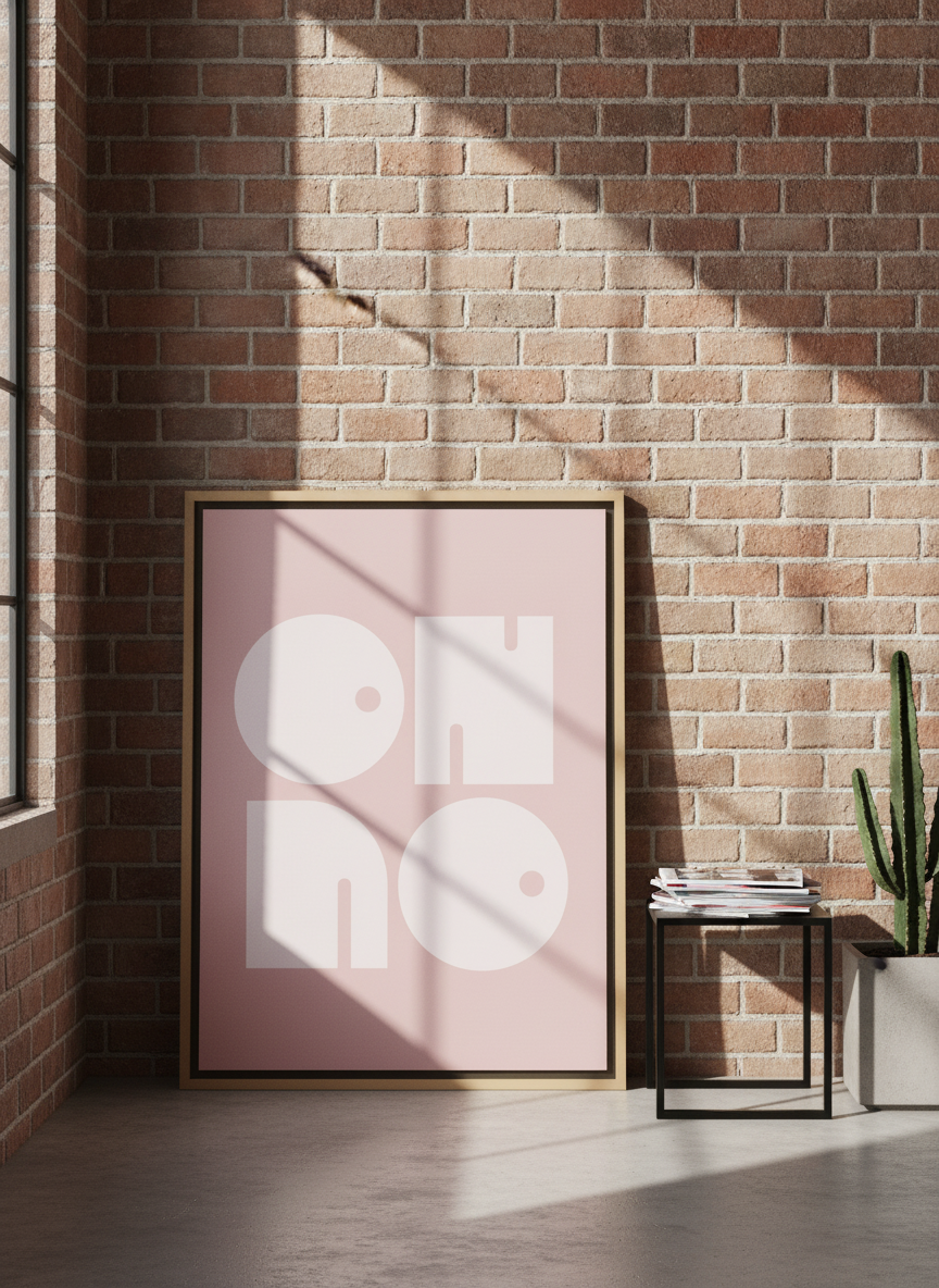 Canvas wall art with a natural timber surround leaning against the wall in an industrial loft bedroom