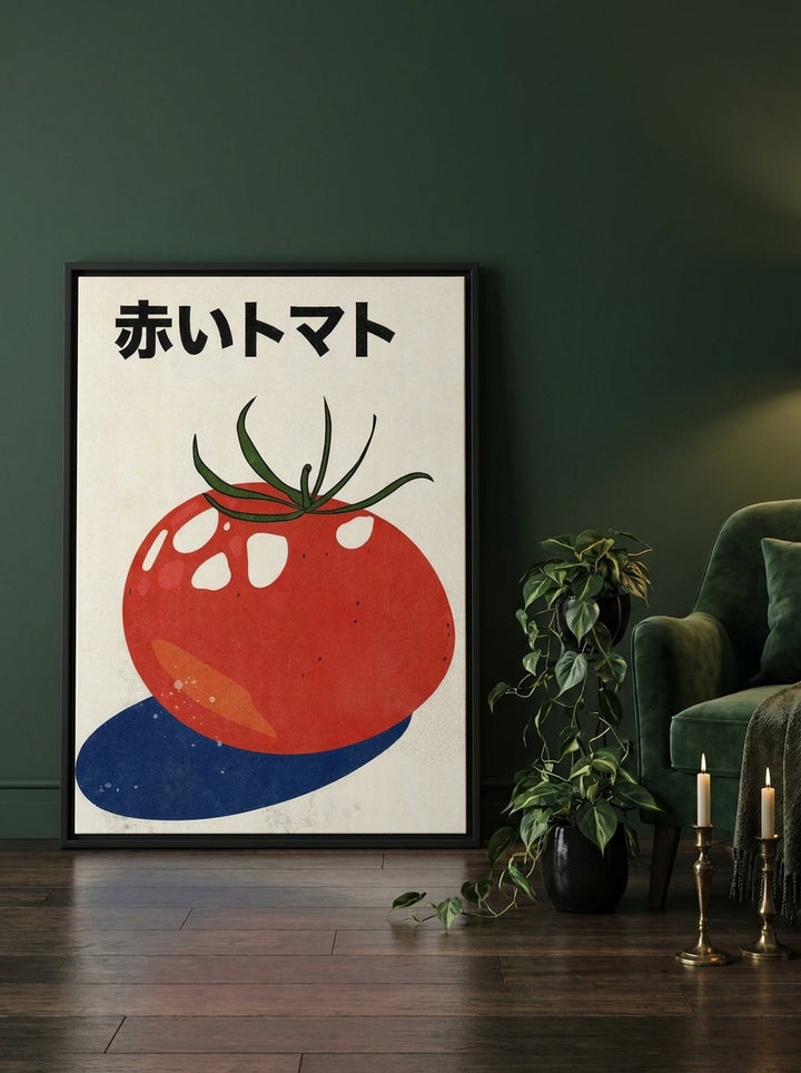 Canvas wall art with a black surround leaning against the wall in a moody kitchen