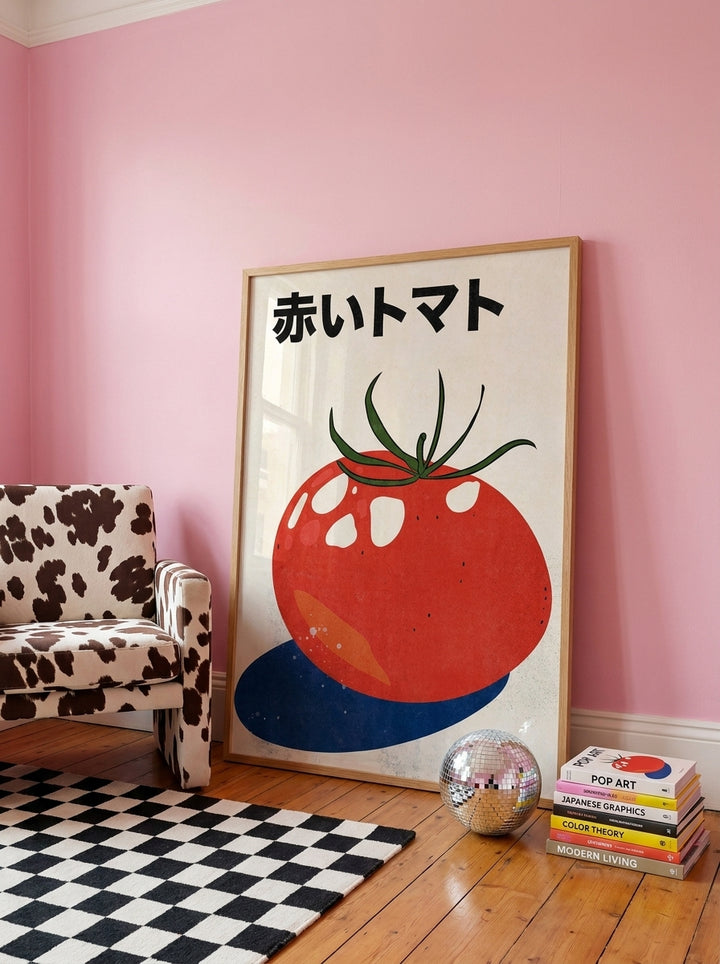 Oversized statement modern wall art print leaning against the wall in a colourful eclectic dining room