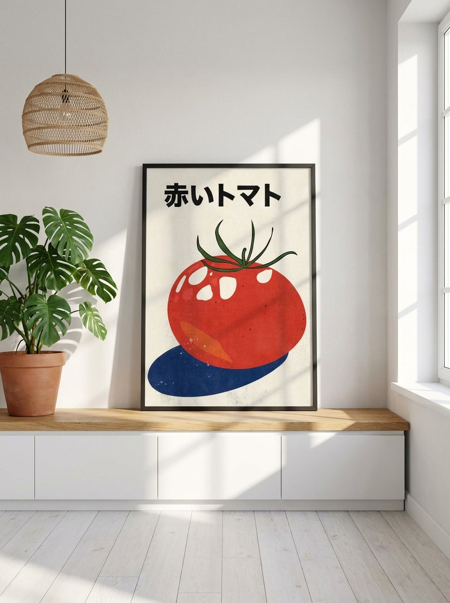 Modern wall art print standing on a kitchen bench in a bright Scandinavian kitchen
