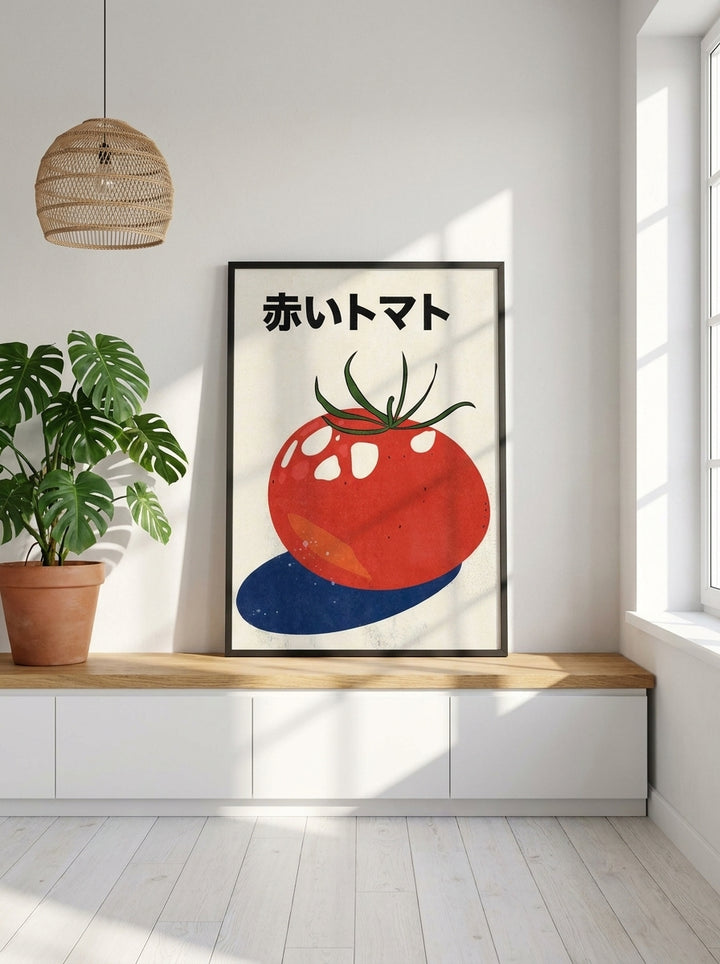 Modern wall art print standing on a kitchen bench in a bright Scandinavian kitchen