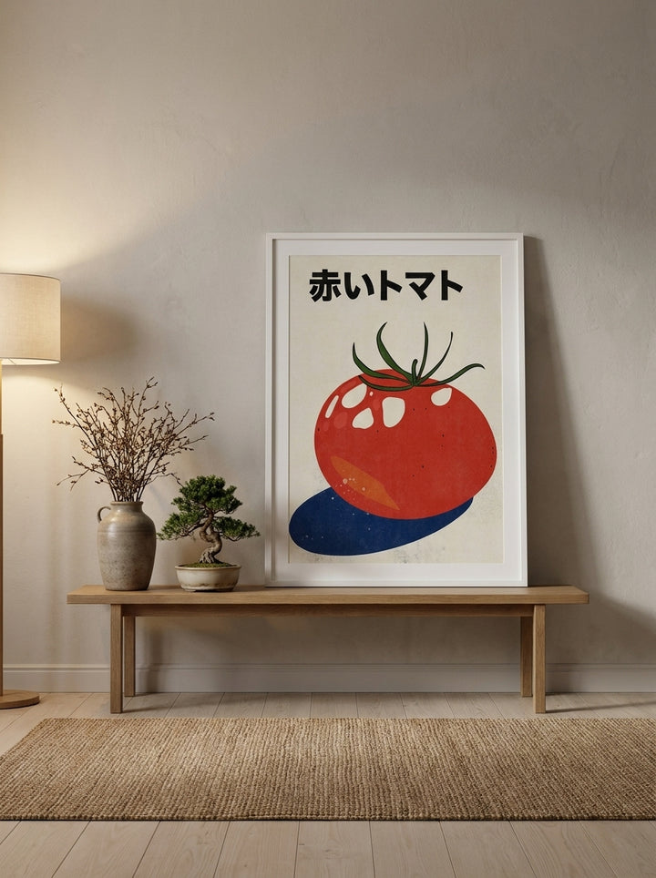 Modern wall art print standing on a bench in a warm Japandi living room
