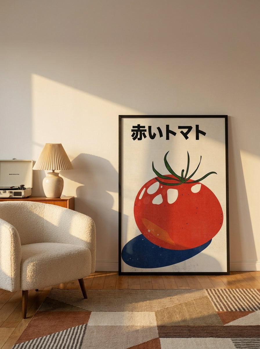 Oversized statement modern wall art print leaning against the wall in a mid-century dining room