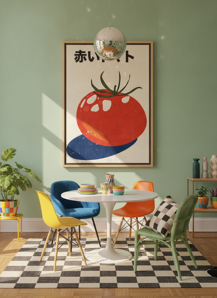 Oversized statement canvas wall art with a natural timber surround styled on the wall in a colourful eclectic dining room