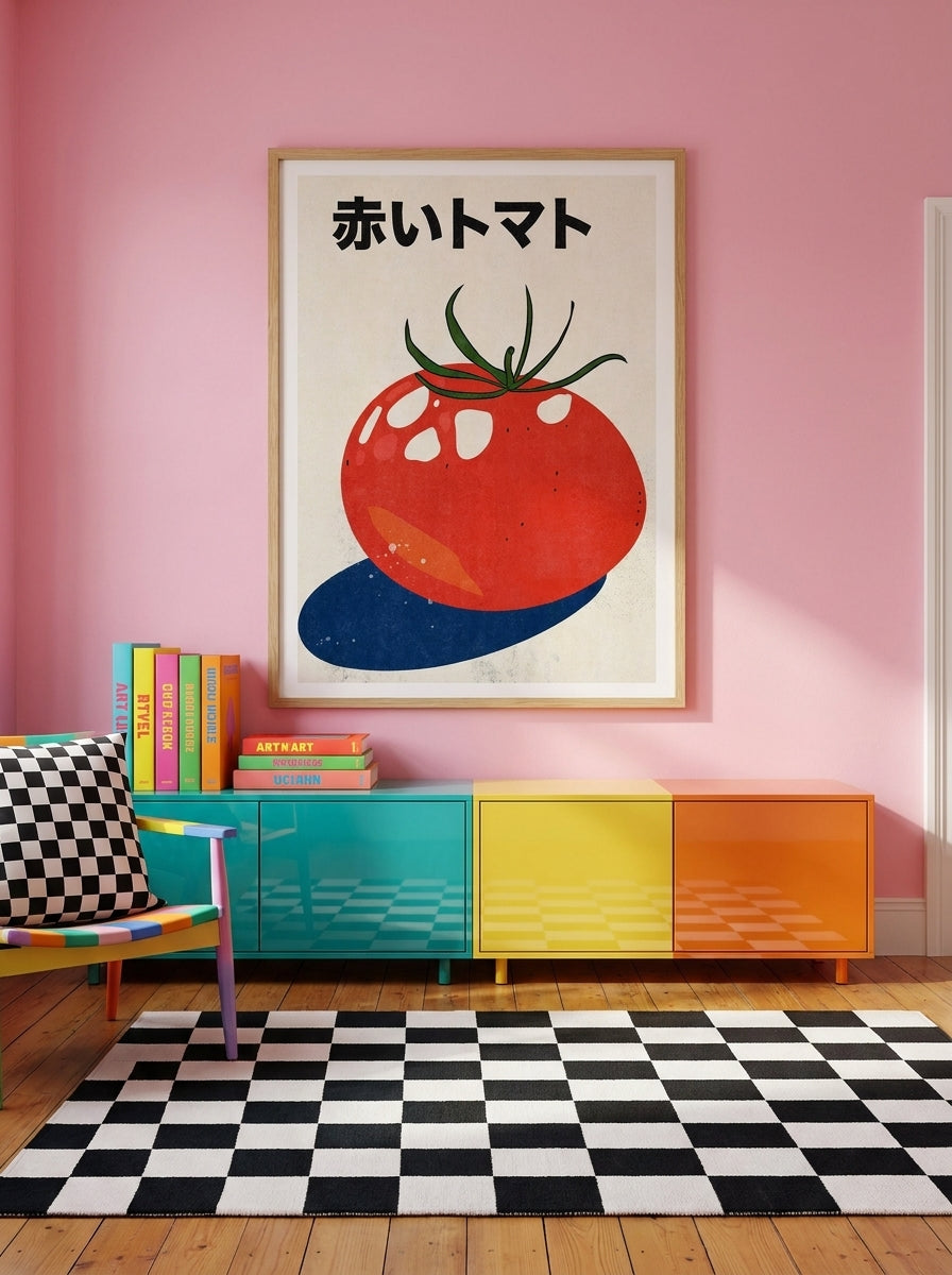 Modern wall art print styled on the wall in a colourful eclectic kitchen