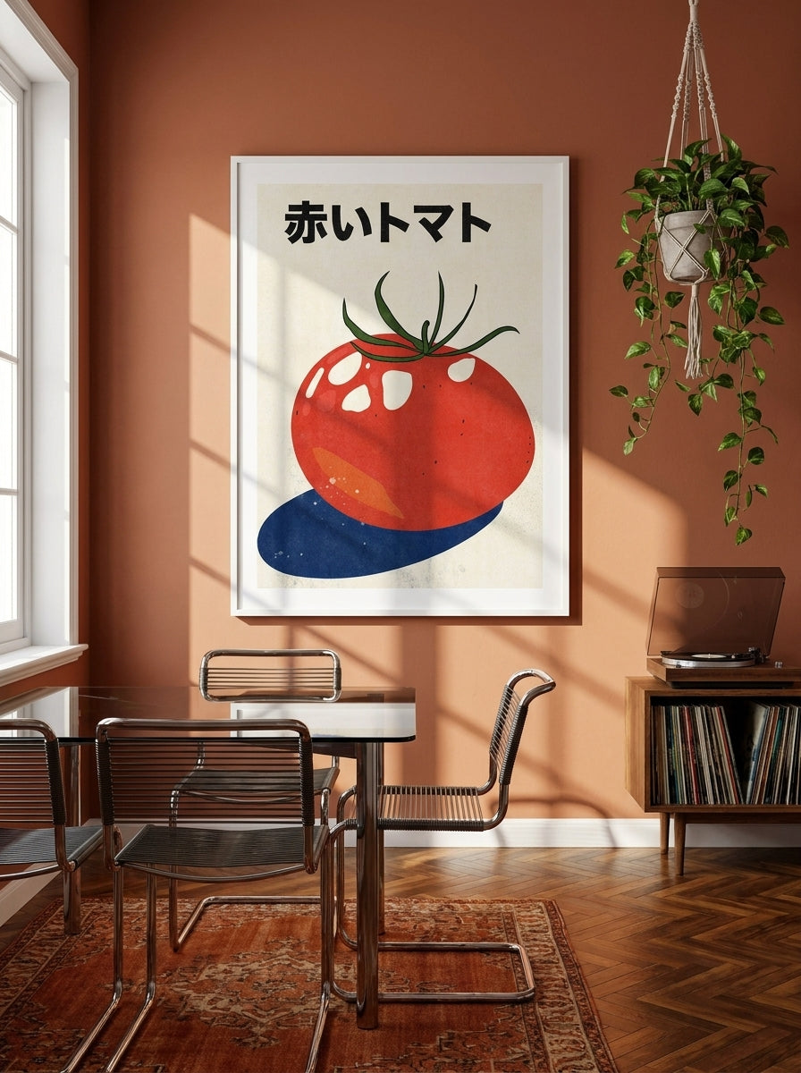 Modern wall art print styled on the wall in a retro 70s dining room