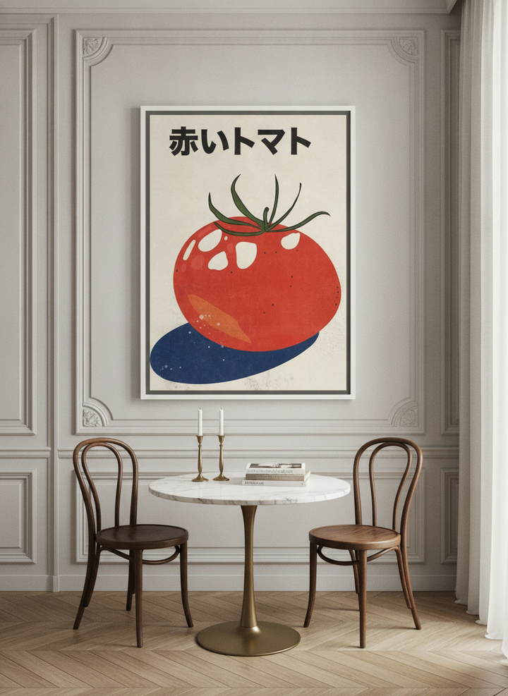Oversized statement canvas wall art with a white surround styled on the wall in a Parisian dining room