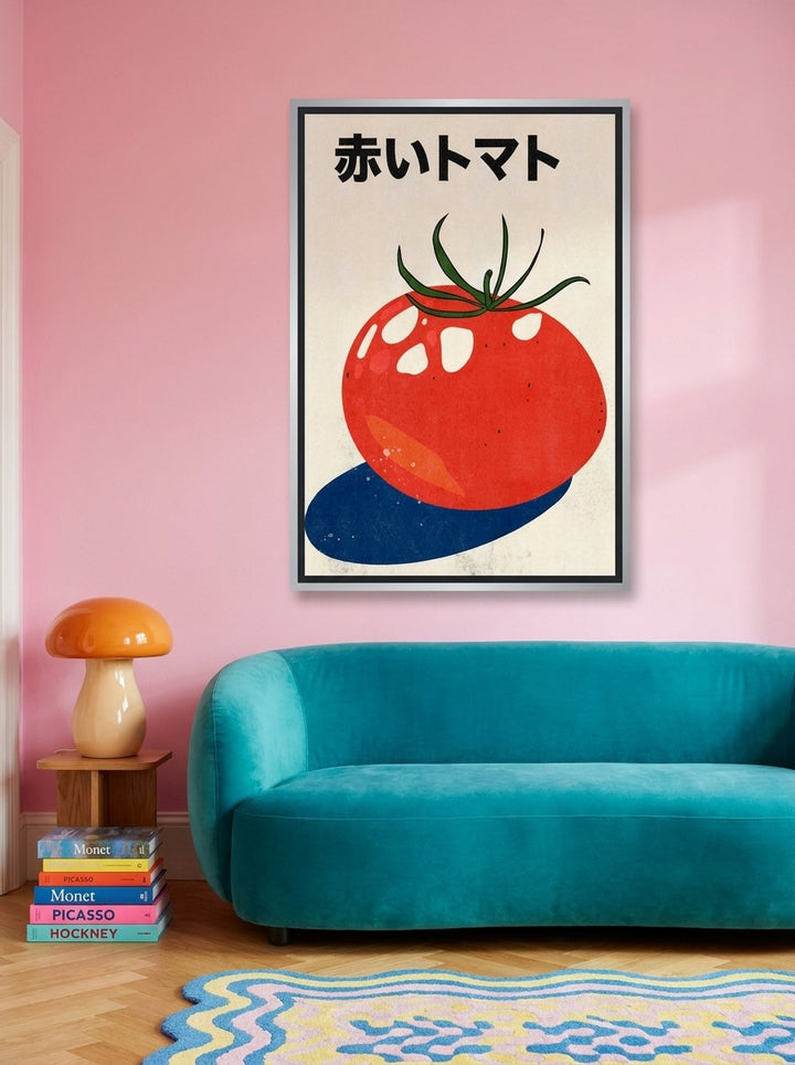 Canvas wall art with a silver leaf surround styled on the wall in a colourful eclectic living room