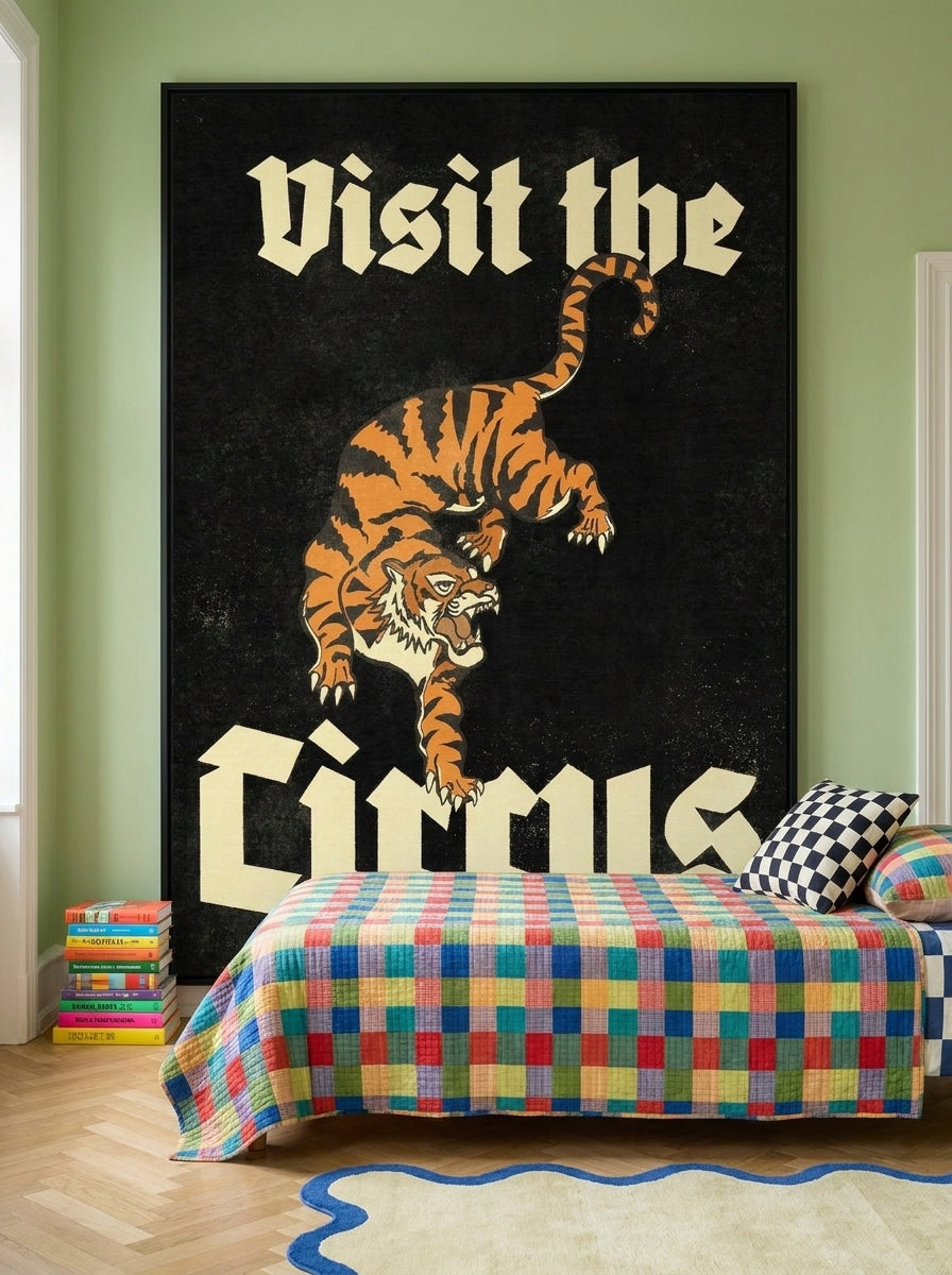 Oversized statement canvas wall art with a black surround styled on the wall in a colourful eclectic bedroom