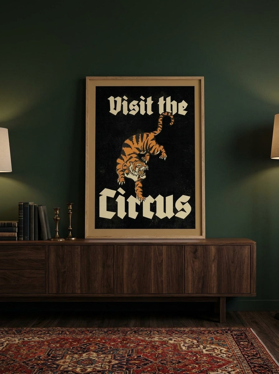 Modern wall art print standing on a sideboard in a moody bedroom