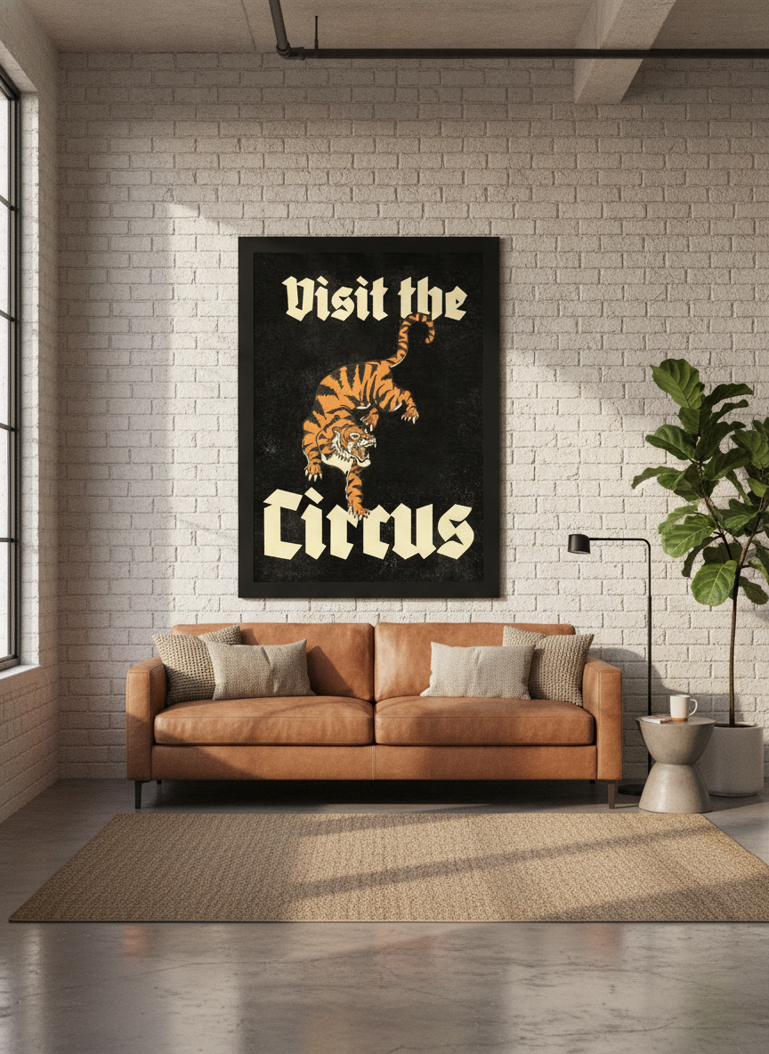 Oversized statement modern wall art print styled on the wall in an industrial loft living room