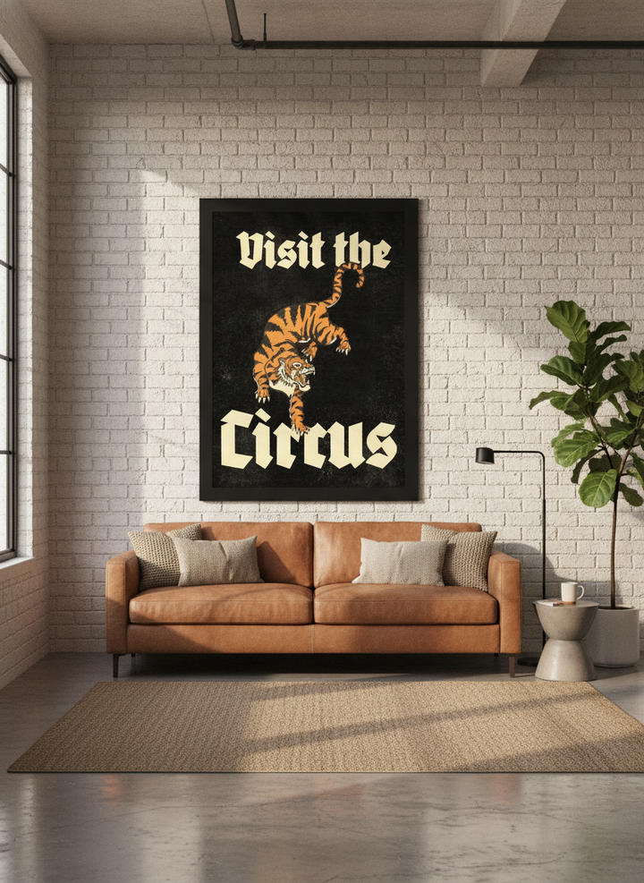 Oversized statement modern wall art print styled on the wall in an industrial loft living room