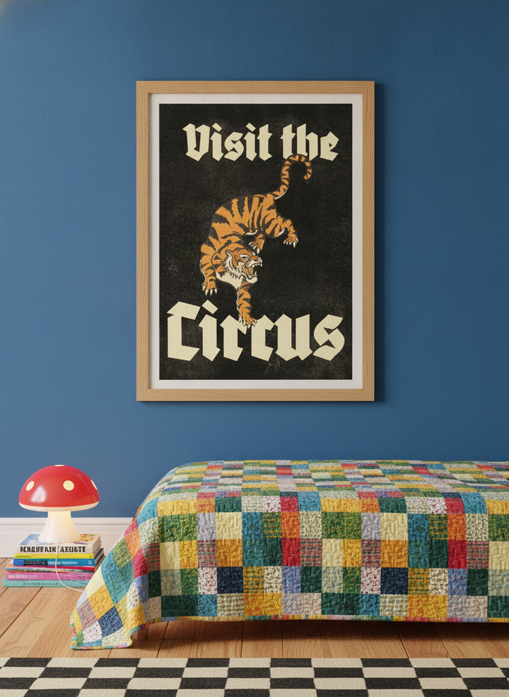 Modern wall art print styled on the wall in a colourful eclectic bedroom