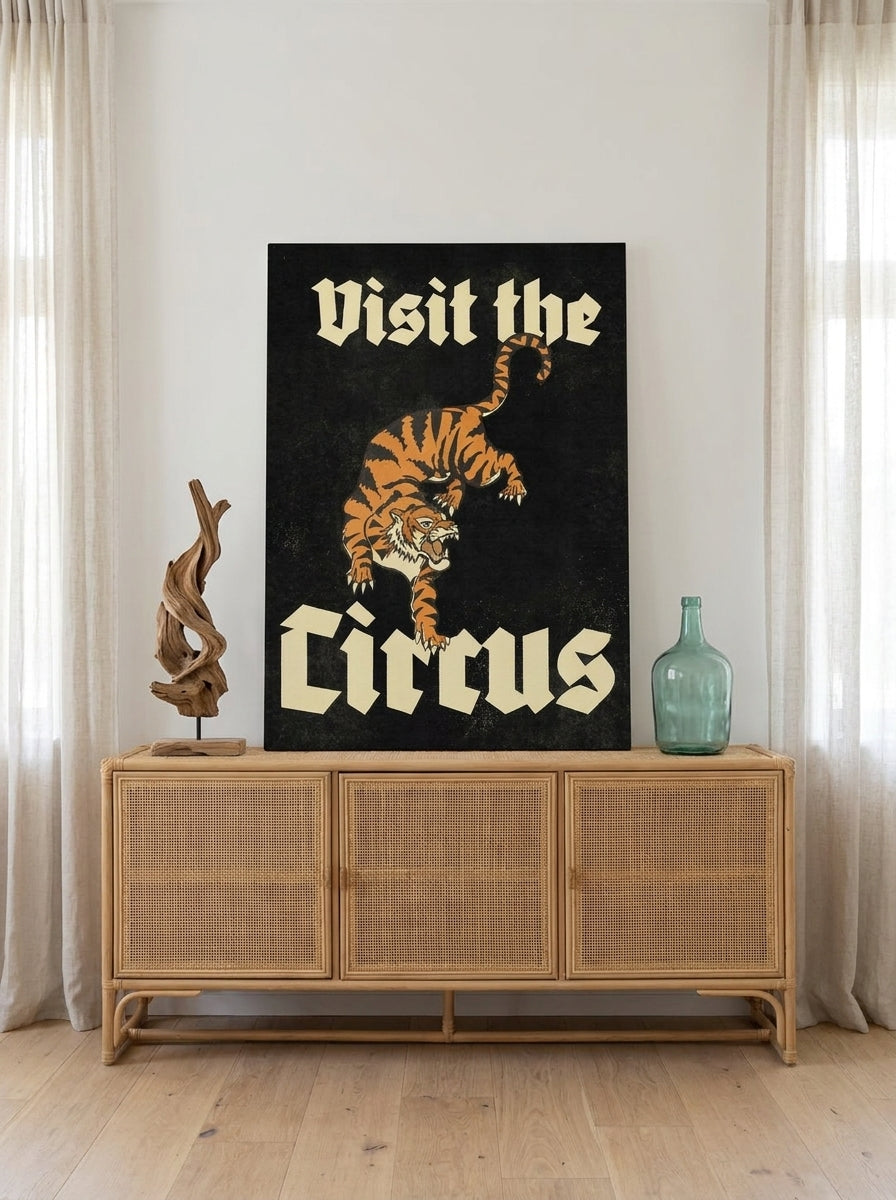 Stretched canvas wall art standing on a sideboard in a coastal home office