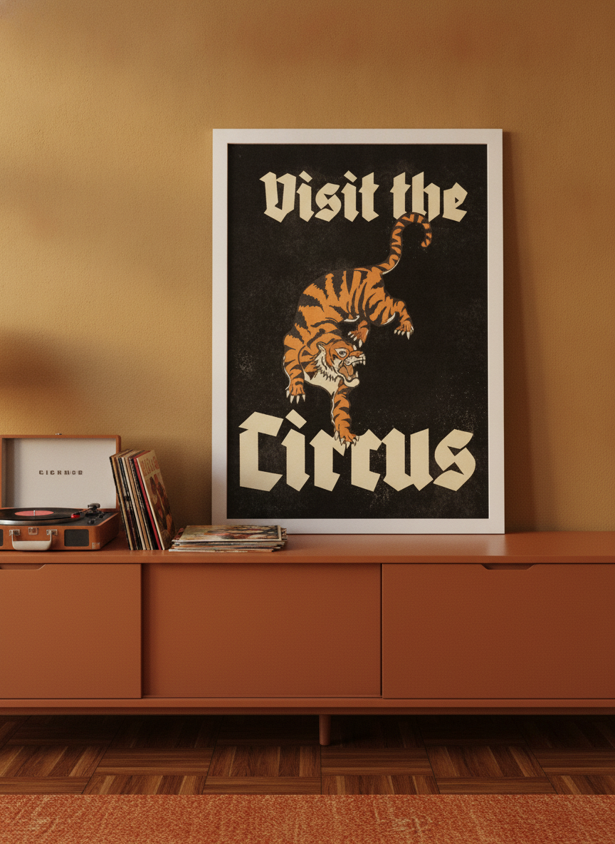 Modern wall art print standing on a sideboard in a retro 70s home office