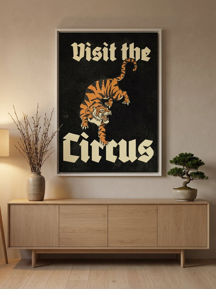 Canvas wall art with a white surround styled on the wall in a warm Japandi living room