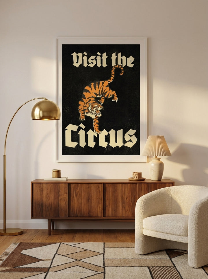 Modern wall art print styled on the wall in a mid-century living room
