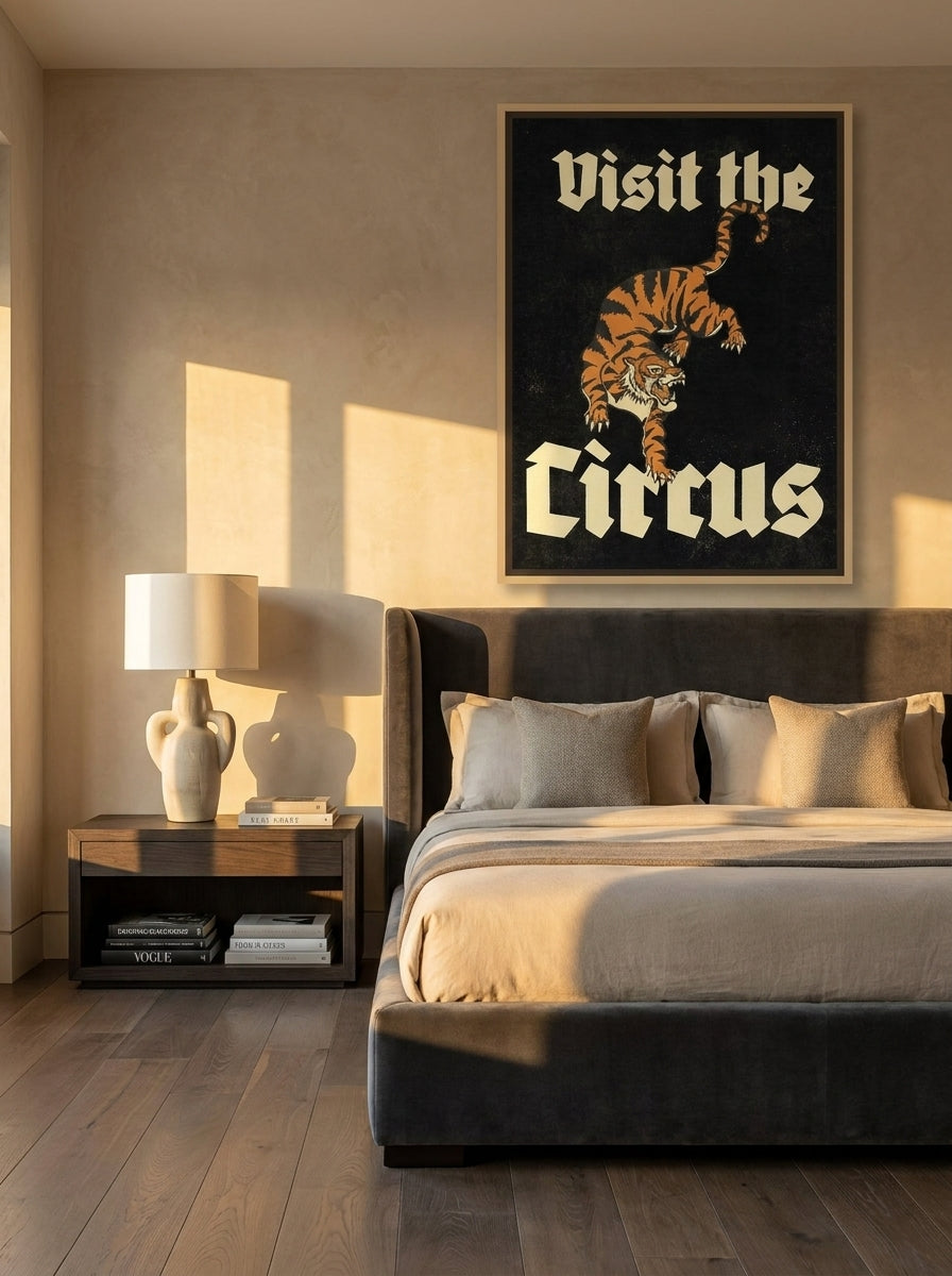Canvas wall art with a natural timber surround styled on the wall in a luxe bedroom