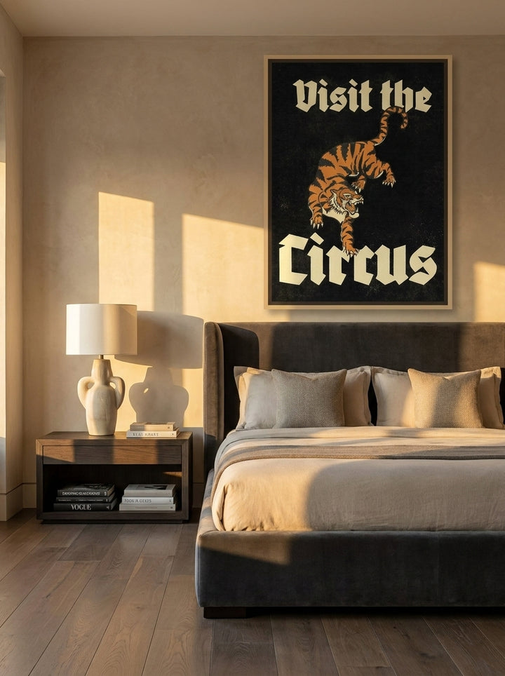 Canvas wall art with a natural timber surround styled on the wall in a luxe bedroom