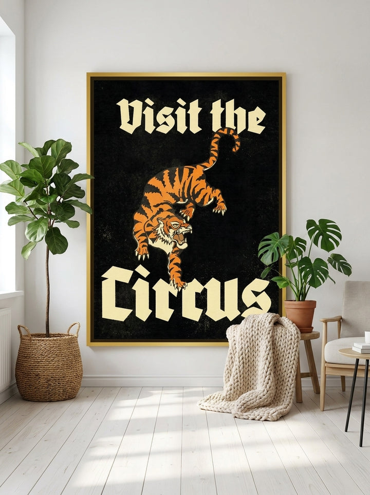 Oversized statement canvas wall art with a gold leaf surround leaning against the wall in a bright Scandinavian home office