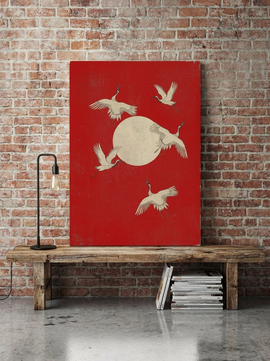 Stretched canvas wall art standing on a bench in an industrial loft home office