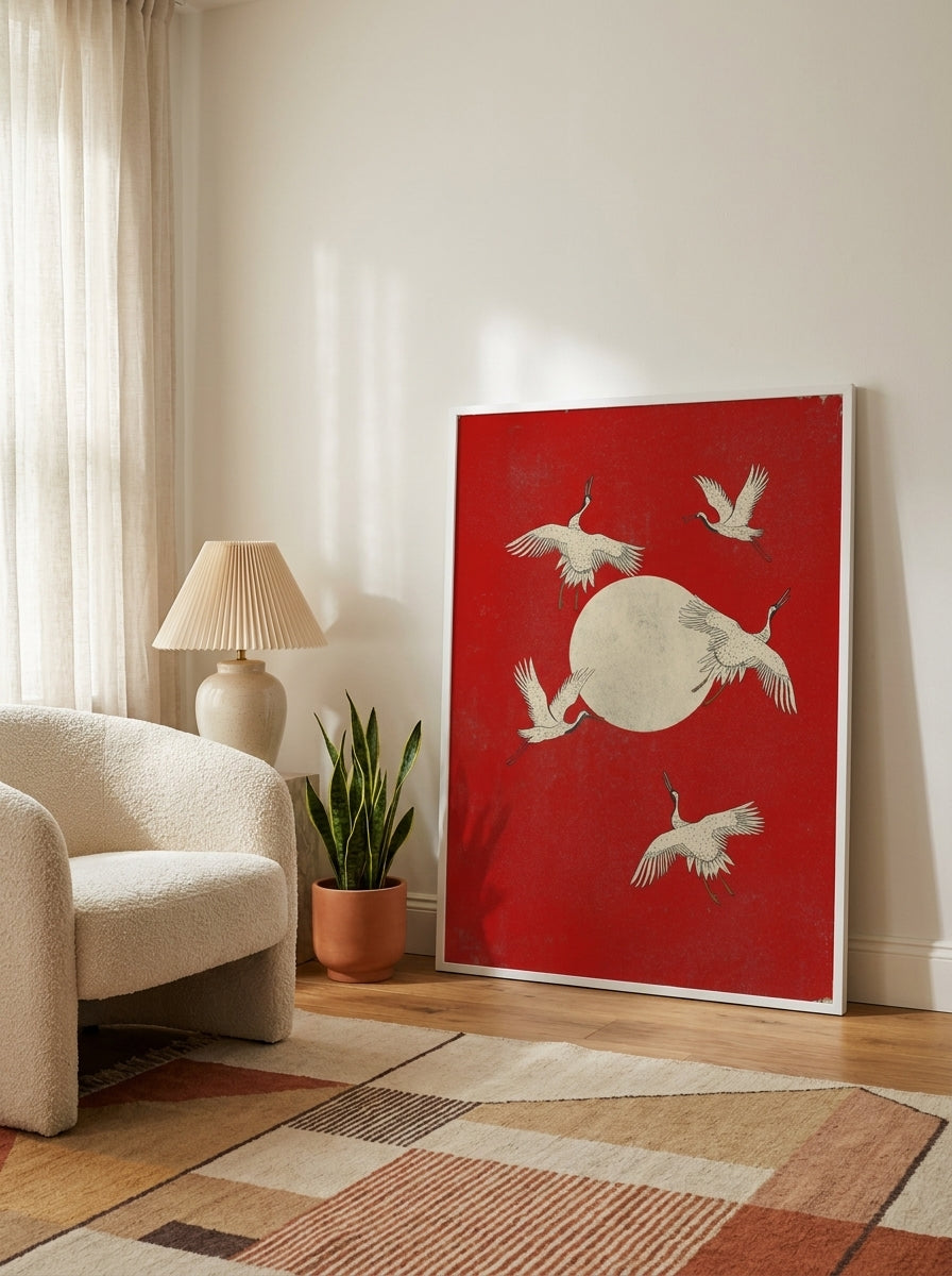 Oversized statement modern wall art print leaning against the wall in a mid-century living room