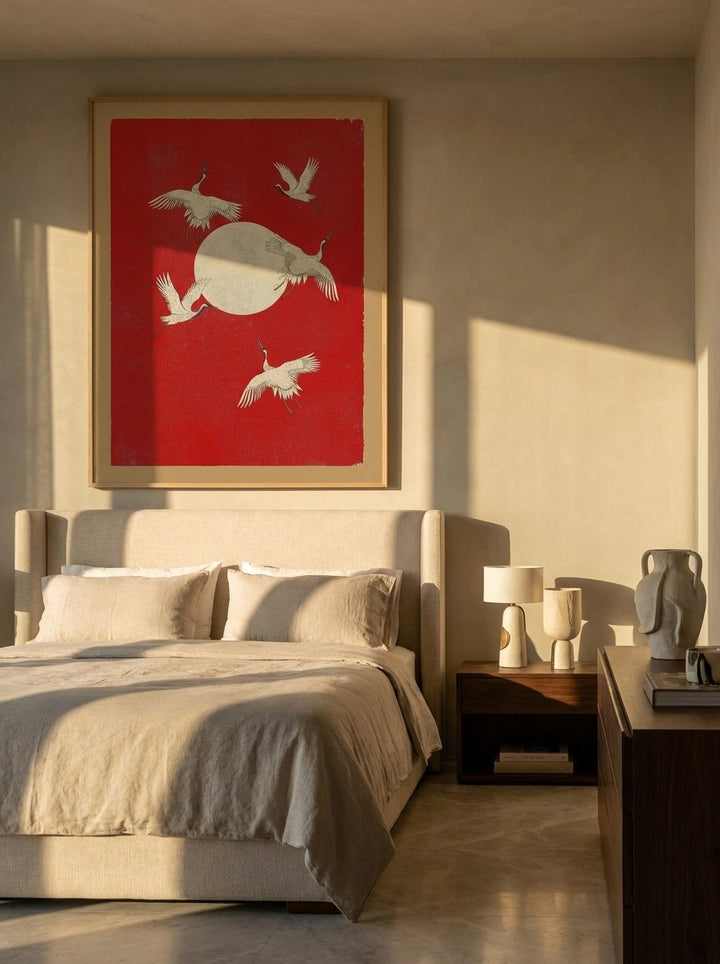 Oversized statement modern wall art print styled on the wall in a luxe bedroom