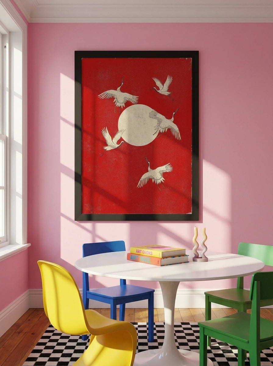 Modern wall art print styled on the wall in a colourful eclectic dining room
