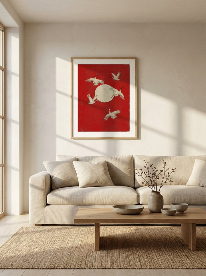 Modern wall art print styled on the wall in a warm Japandi living room
