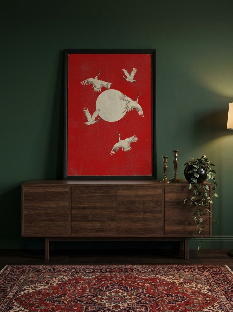 Modern wall art print standing on a sideboard in a moody home office