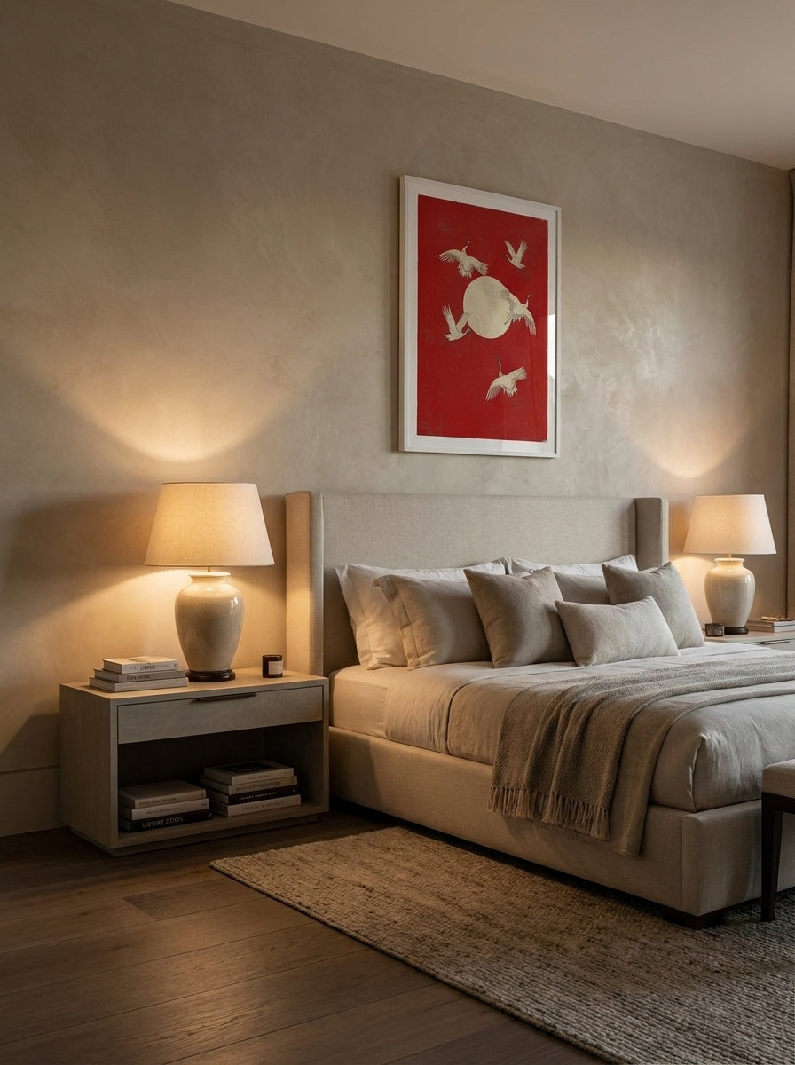 Modern wall art print styled on the wall in a luxe bedroom