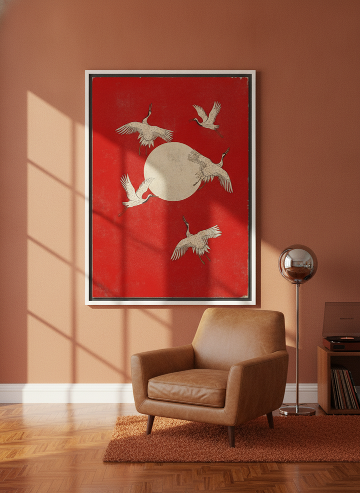Canvas wall art with a white surround leaning against the wall in a retro 70s dining room