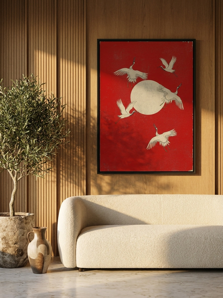 Oversized statement canvas wall art with a black surround styled on the wall in a luxe living room