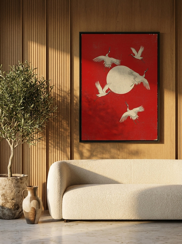 Oversized statement canvas wall art with a black surround styled on the wall in a luxe living room