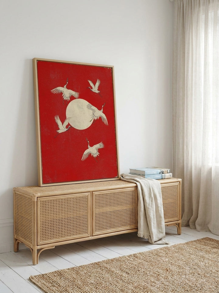 Canvas wall art with a natural timber surround standing on a sideboard in a coastal bedroom