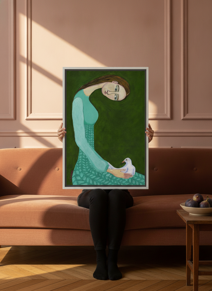 Person holding canvas wall art with a white surround in a Parisian living room