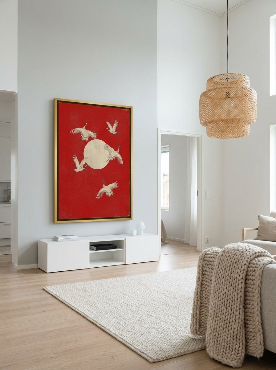 Oversized statement canvas wall art with a gold leaf surround styled on the wall in a bright Scandinavian living room