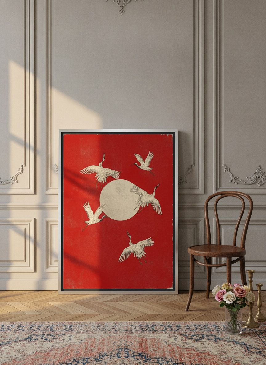 Canvas wall art with a silver leaf surround leaning against the wall in a Parisian home office