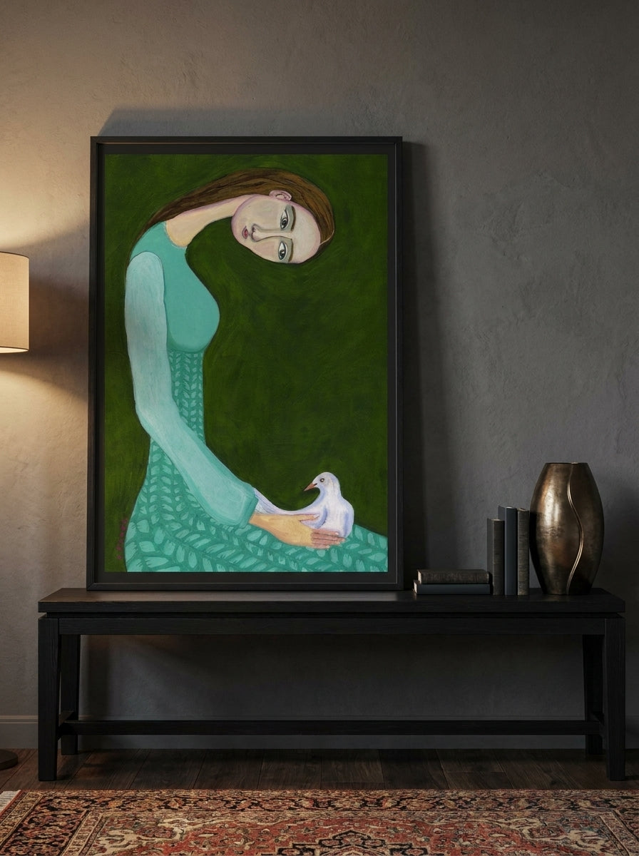 Modern wall art print standing on a console in a moody bedroom