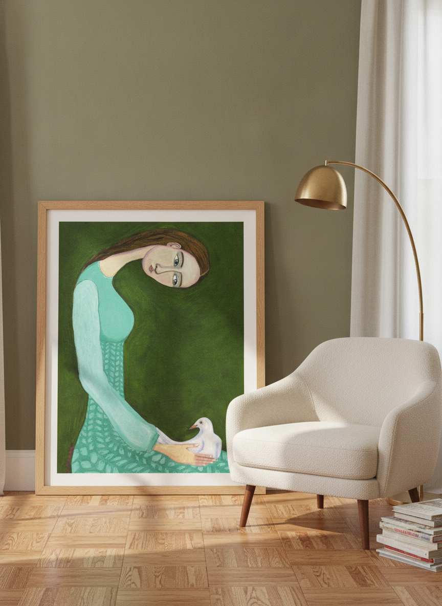 Modern wall art print leaning against the wall in a mid-century home office