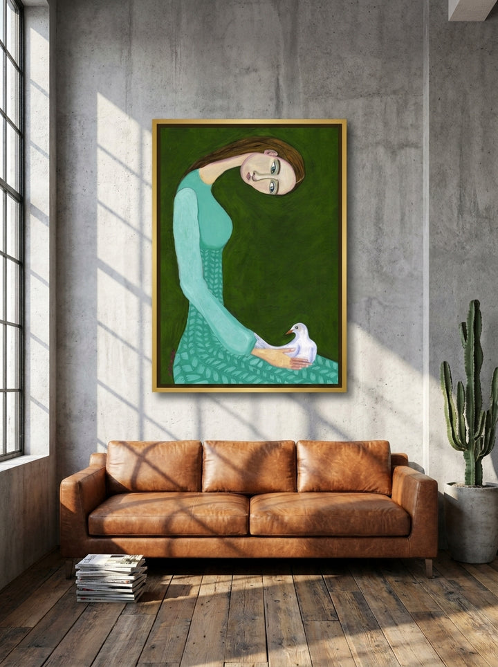 Oversized statement canvas wall art with a gold leaf surround styled on the wall in an industrial loft living room