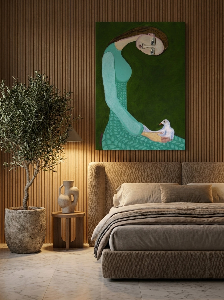 Stretched canvas wall art styled on the wall in a luxe bedroom