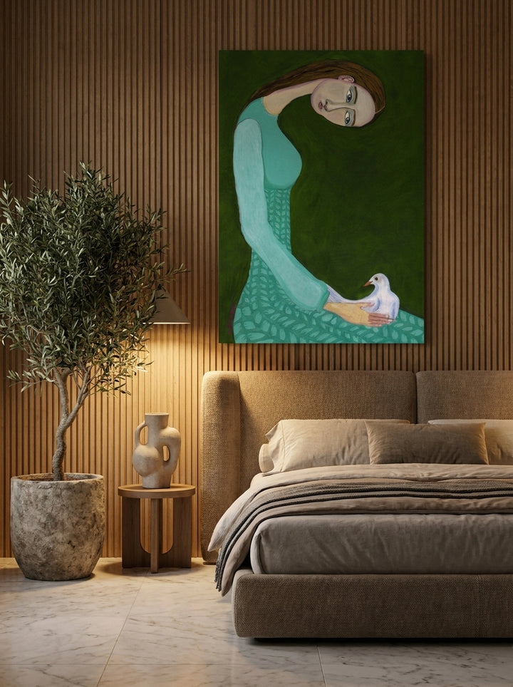 Stretched canvas wall art styled on the wall in a luxe bedroom