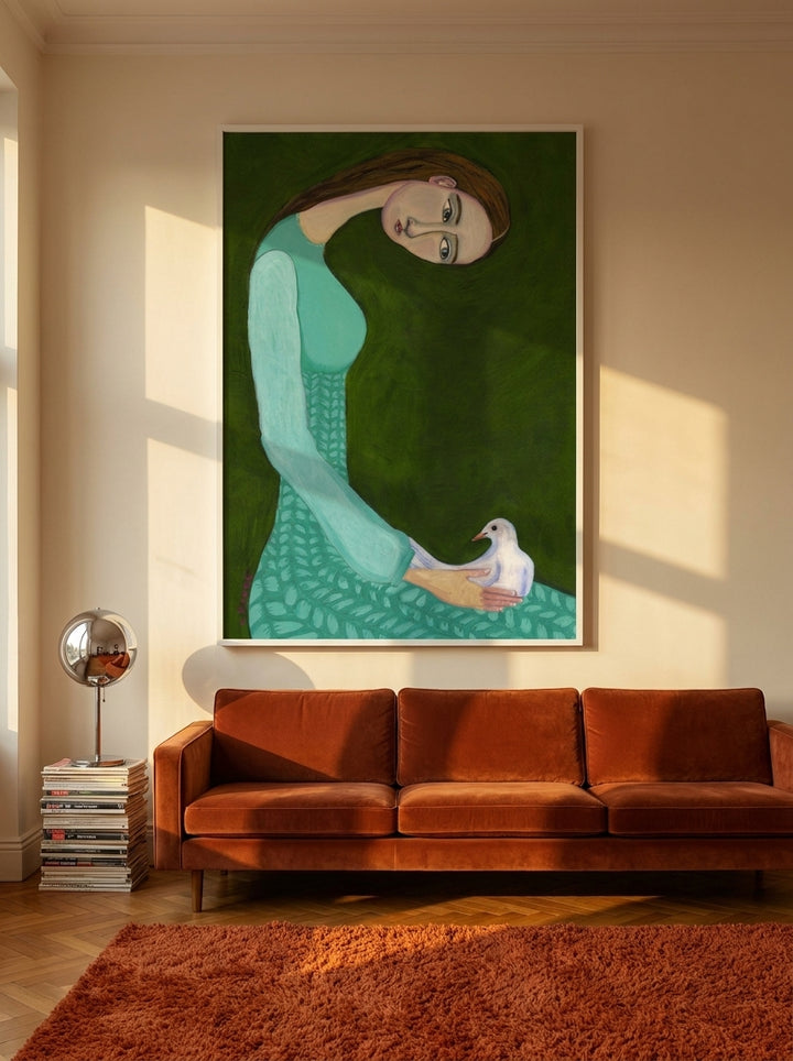 Oversized statement modern wall art print styled on the wall in a retro 70s living room